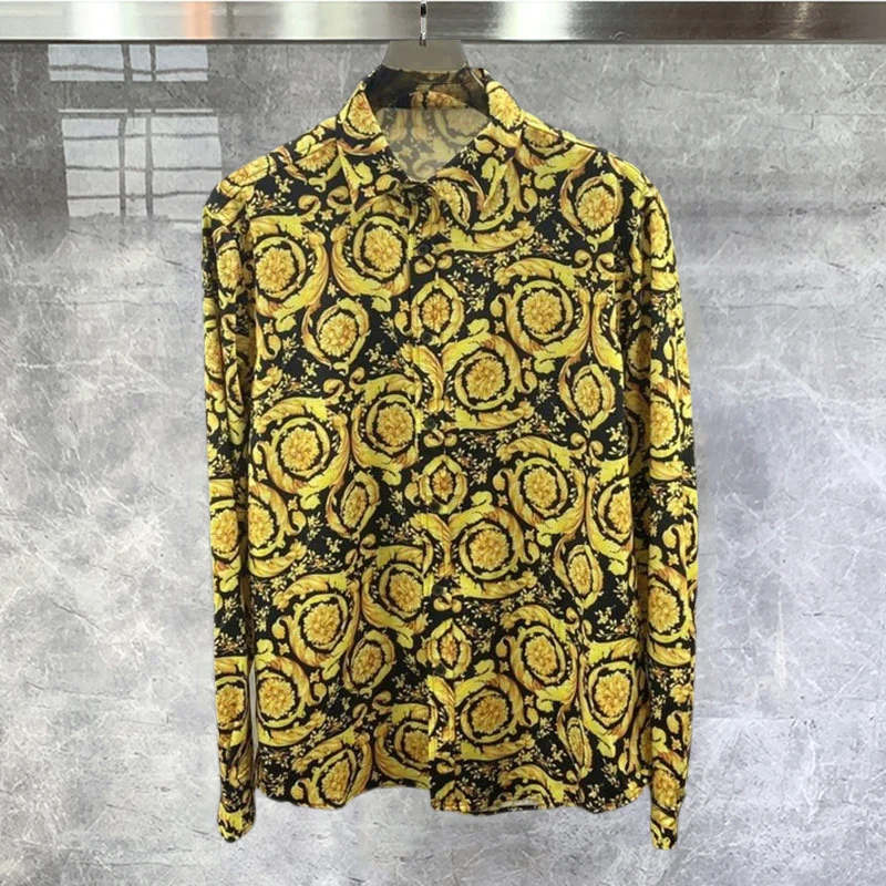 Casual Shirt Slim Shirt Triangle Print Shirt Luxury Black Gold Full Gold Flower Shirt Men Dress Men Plaid Shirt Camisa Masculina