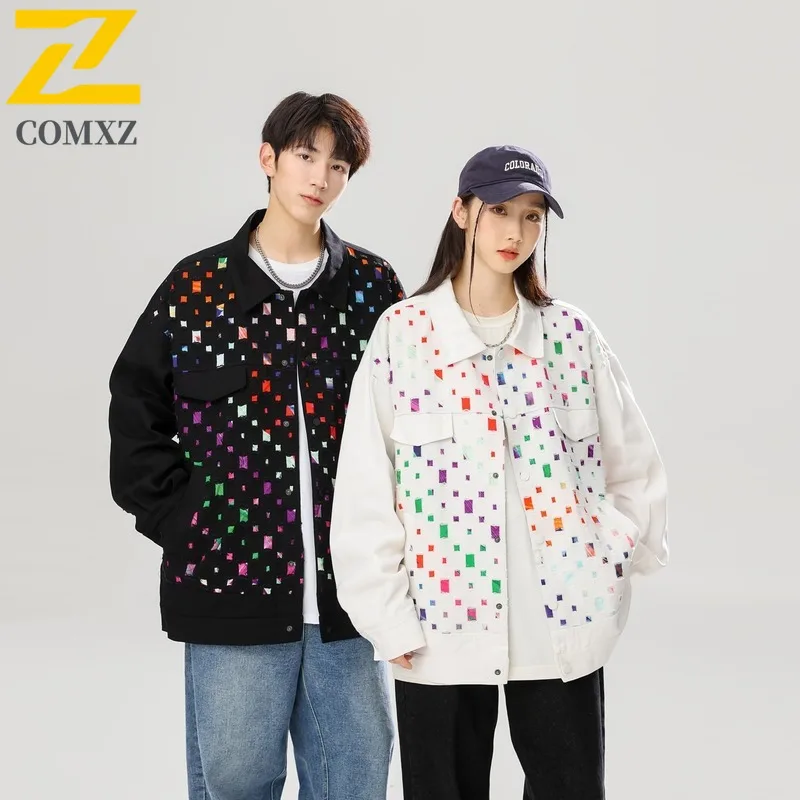 

COMXZ Men Jackets Gradient Color Ripped Checkered Travel Camping Trendy Fashionable Hiking Outerwear Walking Cycling Overcoat