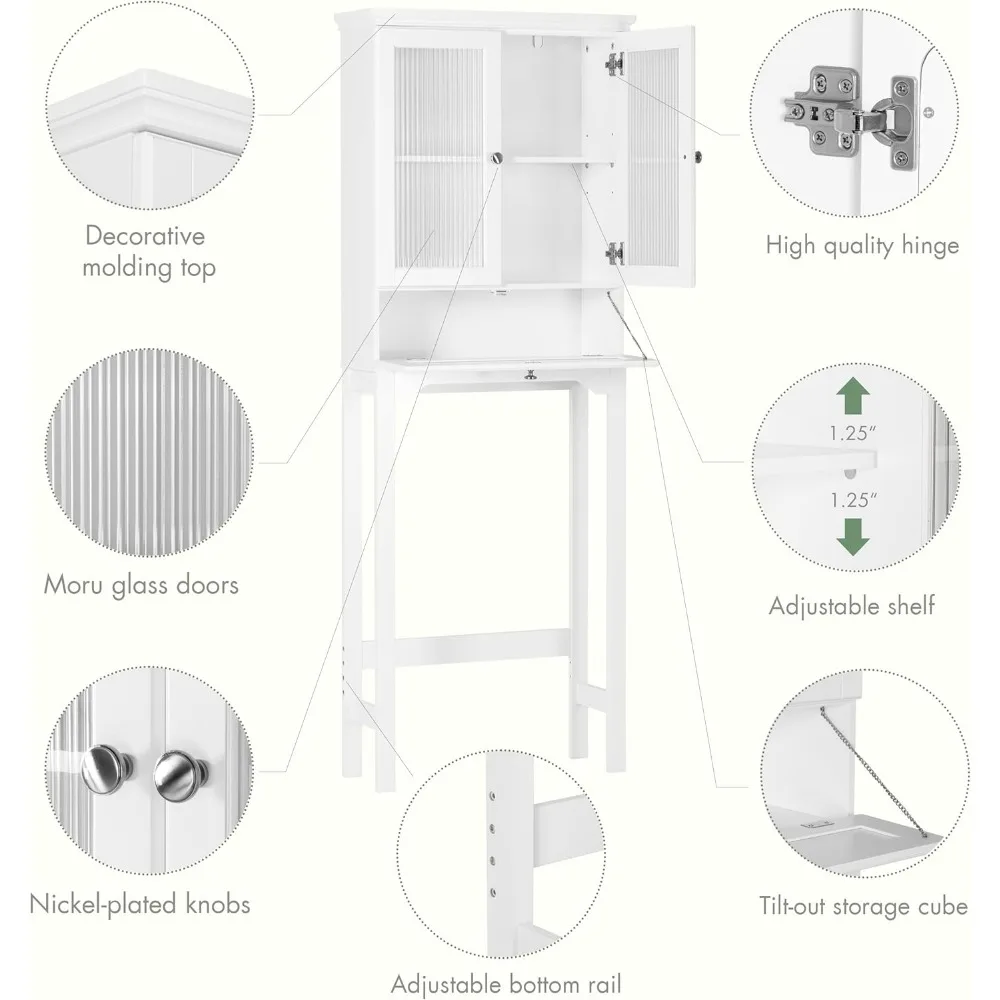 خزانة تخزين فوق المرحاض مع مكعب مائل وأبواب زجاجية مورو قابلة للتعديل، منظم حمام لحلول توفير المساحة