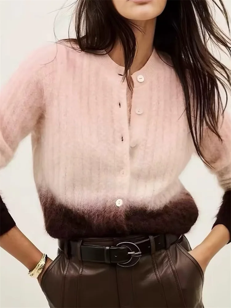 Wool Blends Women 2 Colors Gradient Color Round Neck Single Breasted Knit Cardigan Coat Fall Winter New