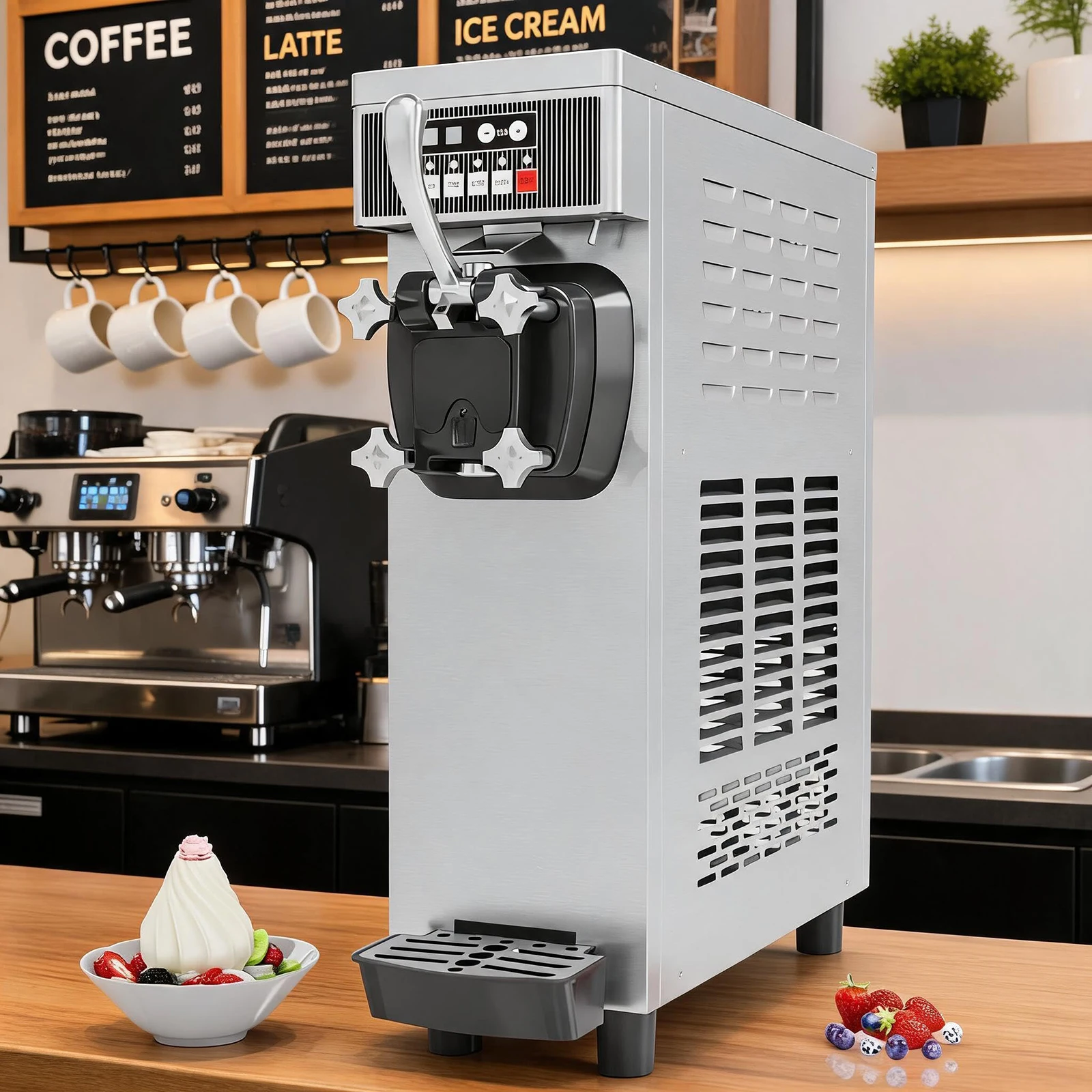 Commercial Soft Serve Ice Cream Machine 1350W 4.2-5.3Gal/H Single Flavor Maker 6L Hopper Auto Clean For Home Restaurant