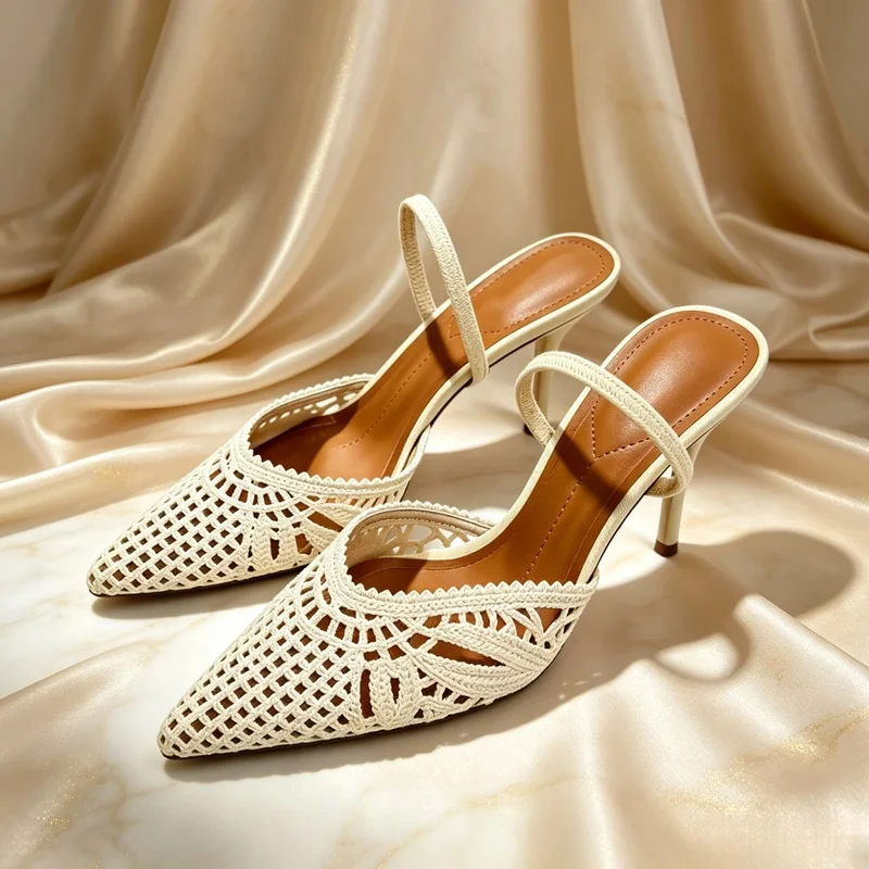 Women's PointedToe Slingback HighHeel Pumps, Beige HollowOut Crochet Knit Weave Pattern, Bohemian Retro Summer Daily Party St