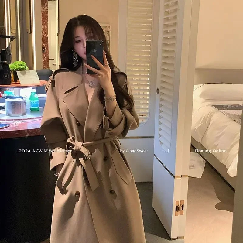 

WLF Medium to Long British Trench Coat With Silhouette 2025 Spring Autumn Collar tall and Elongated Standing Collar Elegant Coat