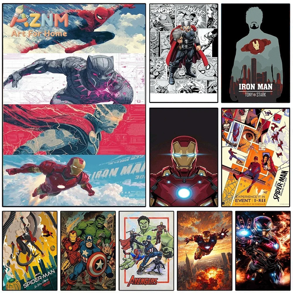 AZNM Impresión en Lienzo de Collage de Múltiples Personajes de Superhéroes, Spider-Man, Pantera Negra, Thor, Iron Man, Gráficos Dinámicos de Cómic Moderno