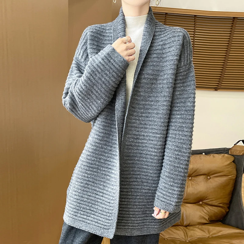 Autumn Winter New 100% Merino Wool Cardigan Women\'s Mid to Long Thick Sweater Jacket Fashionable Korean Knitted Large Size Tops