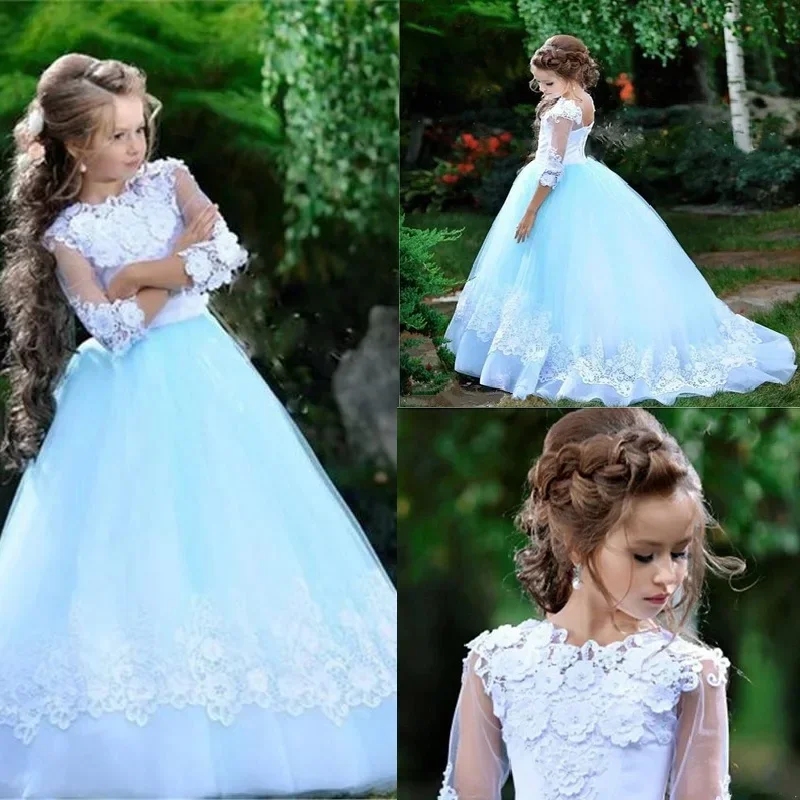 

Lovely Sky Blue White Lace Formal Party Dresses For Wedding Guest High Jewel Corsst Back Flower Girl Dress With Sleeves