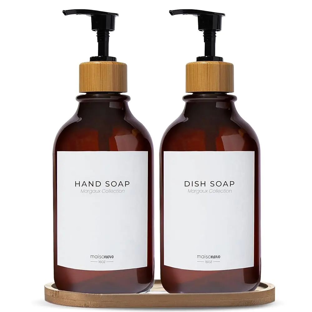 

Plastic Soap Dispenser Set | Hand Soap and Dish Soap Dispenser Set | 16.9oz Amber Bottles with Black Bamboo Pump