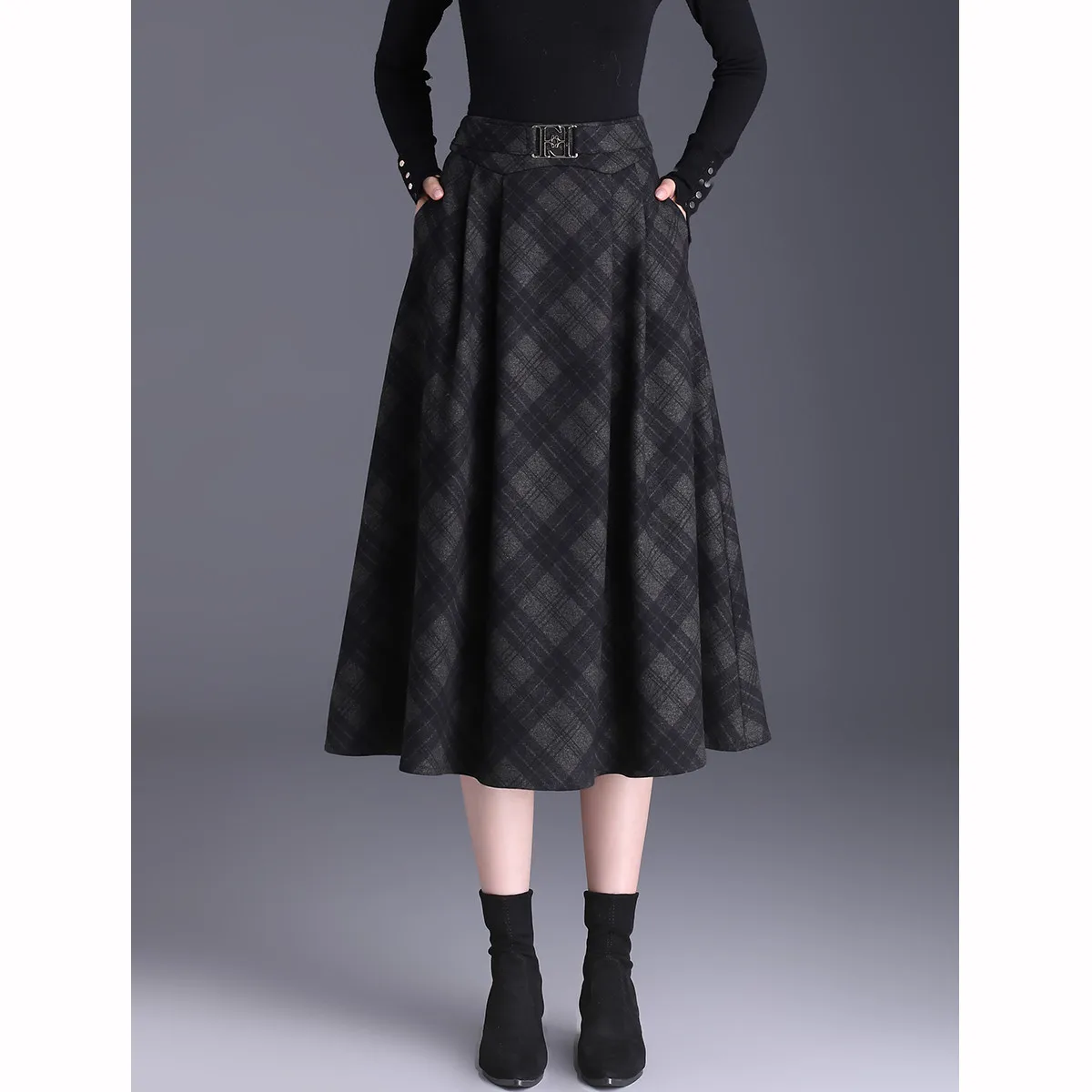 LOUIS YAO 2024 Winter Elegant Plaid Large Skirt Umbrella Skirt Fashionable High Waisted Long Women's Half Skirt