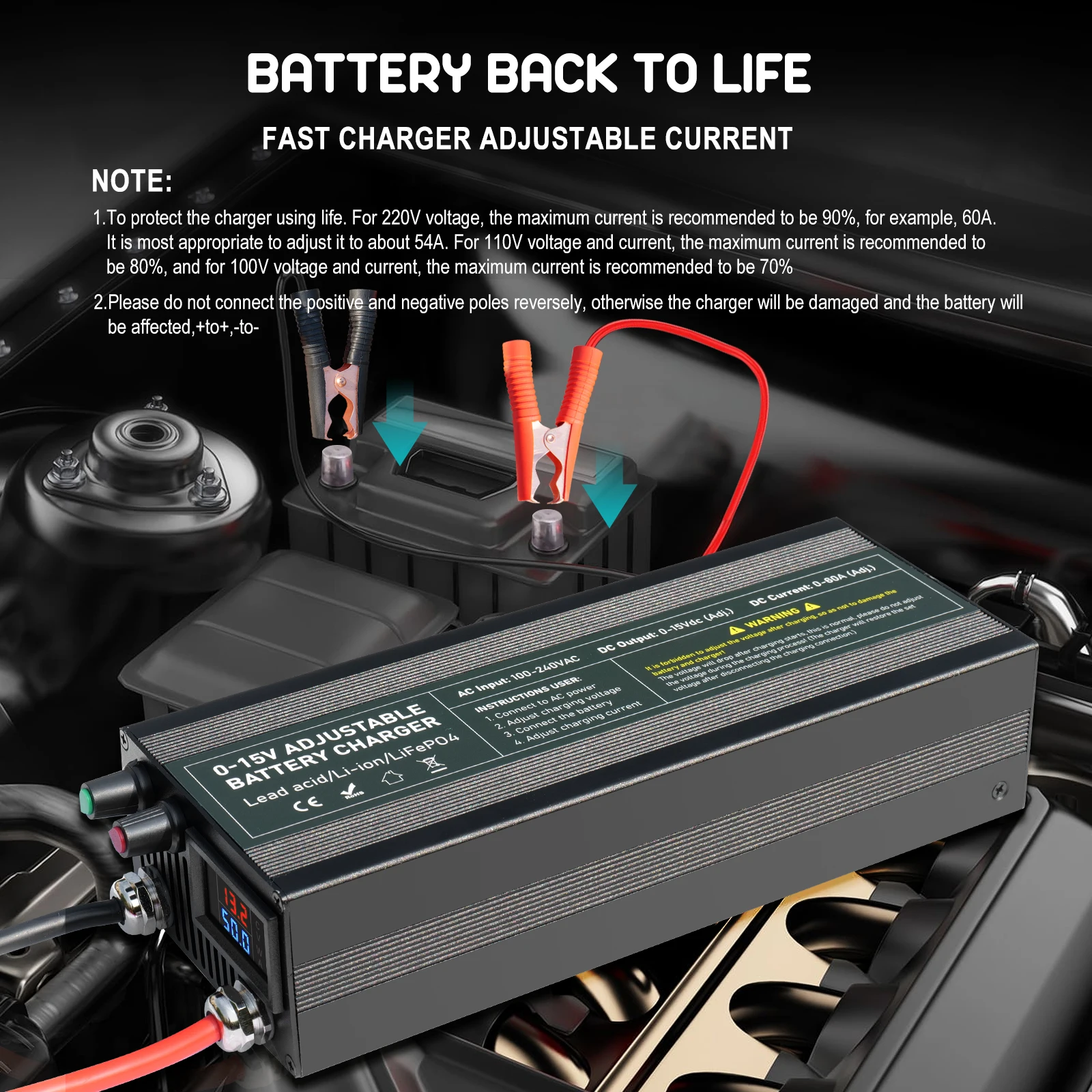 Lifepo4 /Lithium Battery Charger 14.6V 60A 100Ah Solar Charger Current Voltage Adjustable for 12V 13V Lifepo4 Universal Chargers