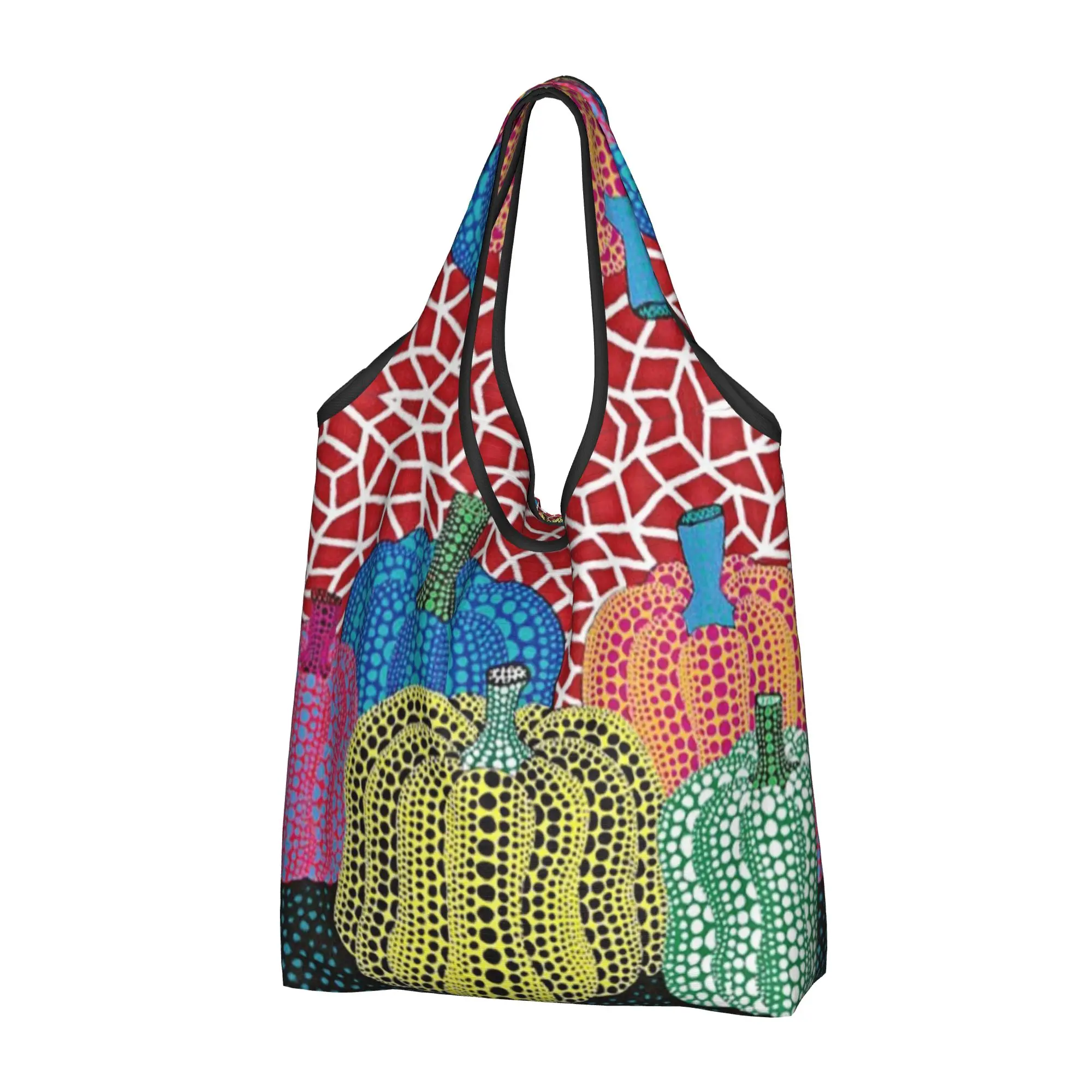 Kawaii Three Polkadot Pumpkin Art Shopping Tote Bag Portable Yayoi Kusama Grocery Shopper Shoulder Bag