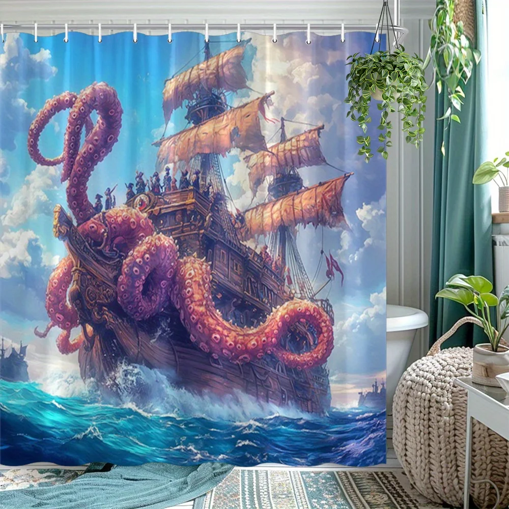 

Fantasy Ocean Shower Curtain 1pc – Octopus Wrapping Pirate Ship, Dramatic Sea Art Bath Curtain for Boys’ Room and Home Decor