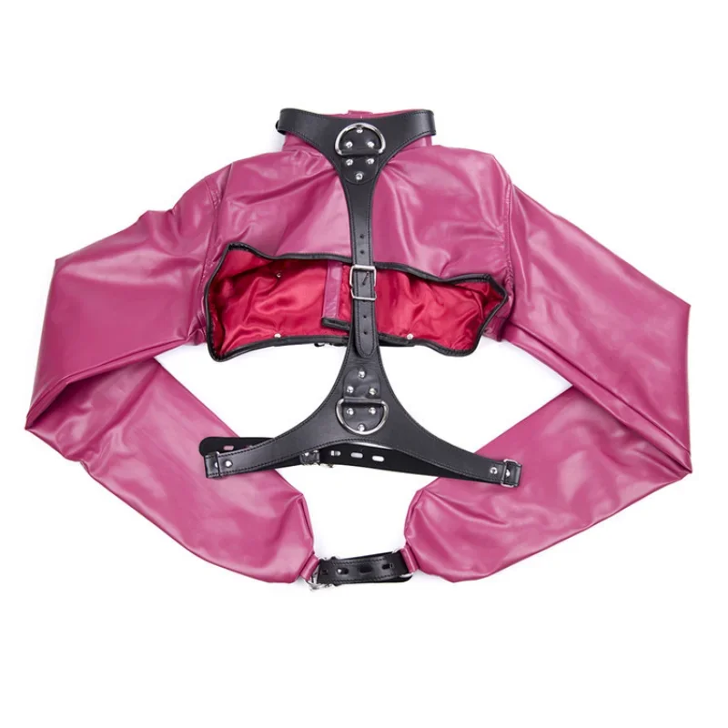 Female BDSM Bondage Breast Exposed  PU Leather Straitjacket Restraint Body Harness Jacket Long Sleeves Play Flirting Women