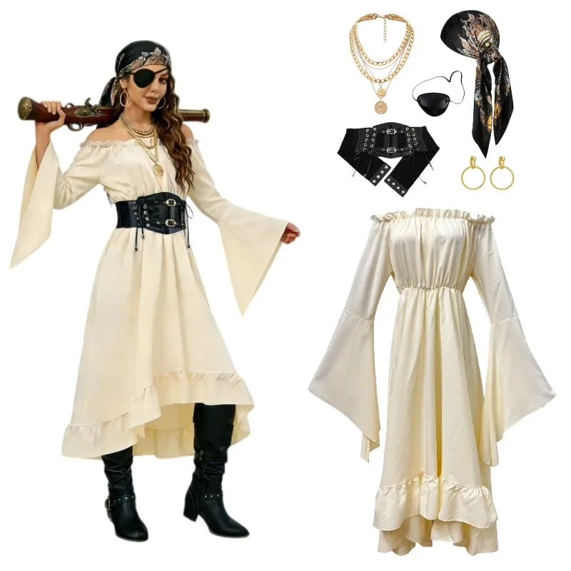 

Women Pirate Cosplay Dress Accessories Headscarf Necklace Belt Eye Patch Outfit for Halloween Medieval Party Roleplay Costume