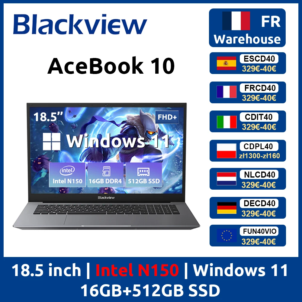 Computadora Portátil Blackview Acebook 10, Pantalla FHD de 18.5 Pulgadas, 8000 mAh, Intel N150, Windows 11, 16 GB de RAM, 512 GB, BT5.2, WiFi 6, Computadora de Escritorio