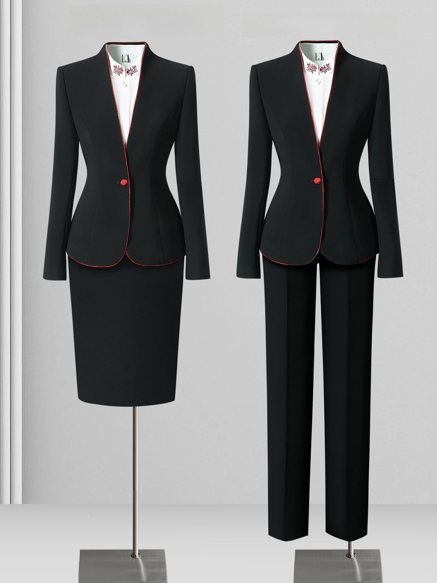 

Elegant Black Chinese Style Professional Suit Set for Women Restaurant Workwear Hotel Uniform Tea House Spring Autumn