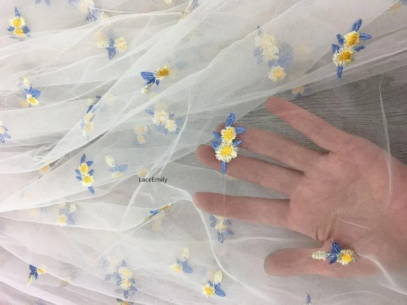 Delicate small flower embroidery Lace Fabric flowers soft pink mesh tulle For Wedding Gown, Bridal Dress,  Party Dress 1 Yard