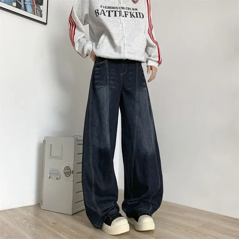 

Синие мужские джинсы с широкими штанинами, весна-осень, повседневные прямые брюки, свободный крой, универсальная смесь хлопка и полиэстера