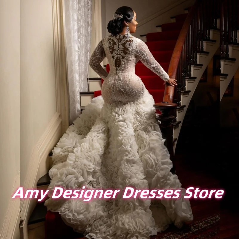 

Stunning Long Mermaid Wedding Dresses With Multi-Layered Ruffles Luxury Beaded Applique Bride Gowns African Females Customized