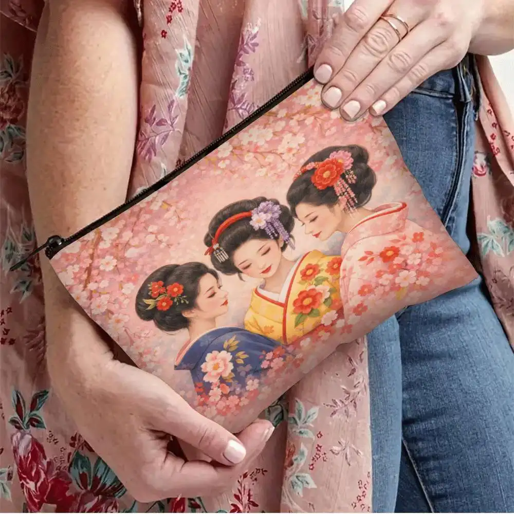 1pc Japanese Geisha Kimono Sakura Printed Washbag, Makeup Bag, Cosmetic Bag with Durable Faderesistant Zipper Storage Bag