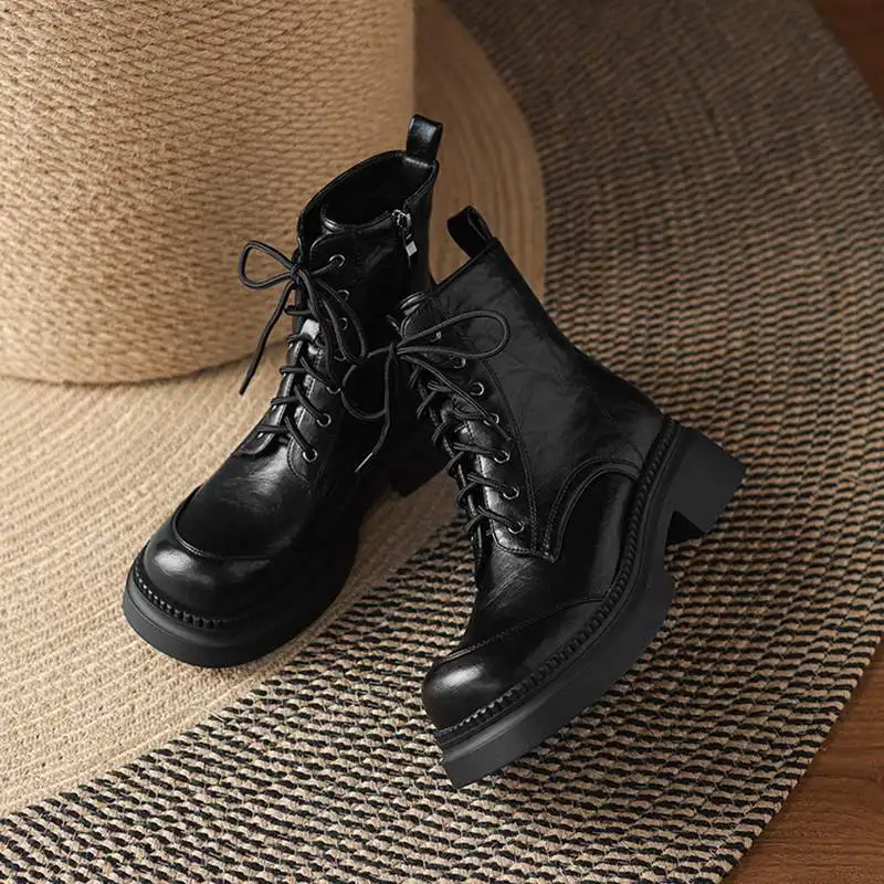Krazing Pot Microfiber Round Toe Thick High Heels Lace Up Punk Boots Keep Warm Winter Shoes Preppy Style Cross-tied Ankle Boots