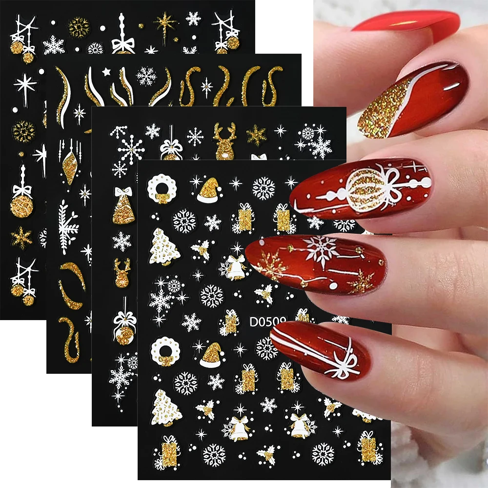 1Pc Goud Zilver Glitter Sneeuwvlok Nagelsticker 3d Kerst Sparkly Lint Bells Elanden Lijm Sliders Winter Manicure Decoratie