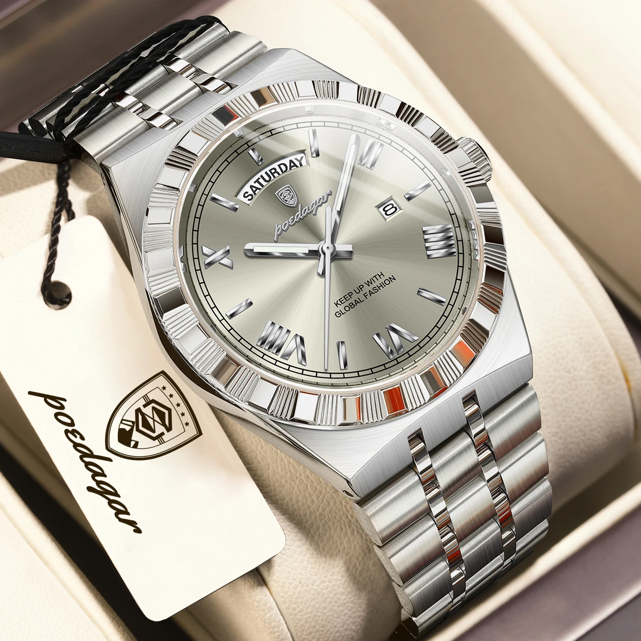 POEDAGAR Fashion Business Men's Watch Luminous Waterproof Week Date Luxury Man Wristwatch Stainless Steel Quartz Watches For Men image 3