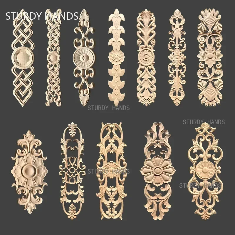 Long Strip Carving Natural Wood Appliques For Furniture Cabinet Unpainted Wooden Mouldings Decal Vintage Decoration Accessories
