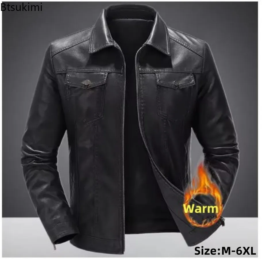 

New Men's Lapel Leather Jackets Autumn Winter Slim Motorcycle Riding Suit Fleece Thicken PU Leather Warm Waterproof Work Clothes