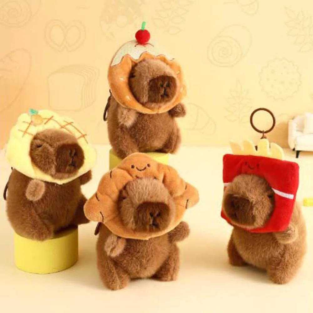 น่ารัก Capybara Capybara Key แหวนขนมปังโดนัทตุ๊กตาสัตว์การ์ตูนพวงกุญแจนุ่มขนม French Fries สัตว์จี้เด็กของขวัญ
