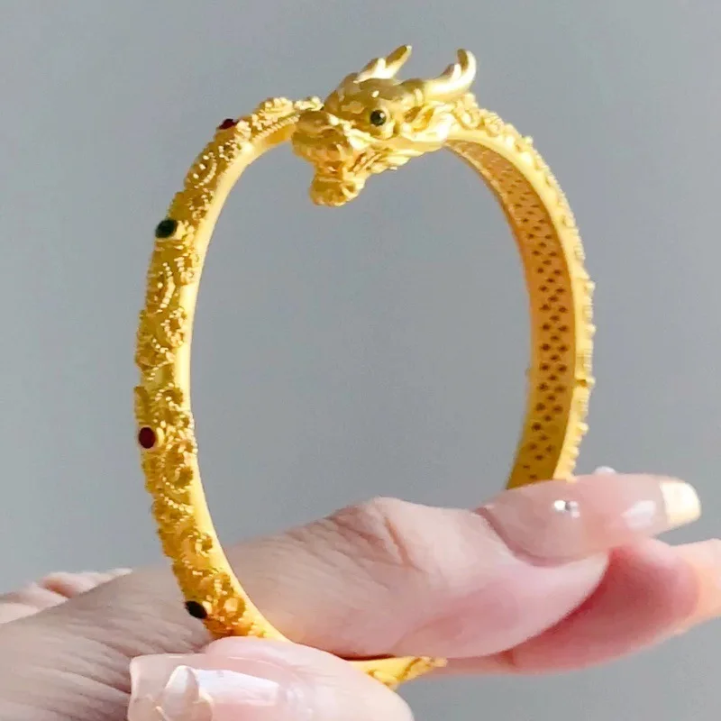 Luxury Gold Color Gems Stone Dragon Cuff Bangle Bracelet for Women New Year Animal Bangle Party Jewelry Gifts