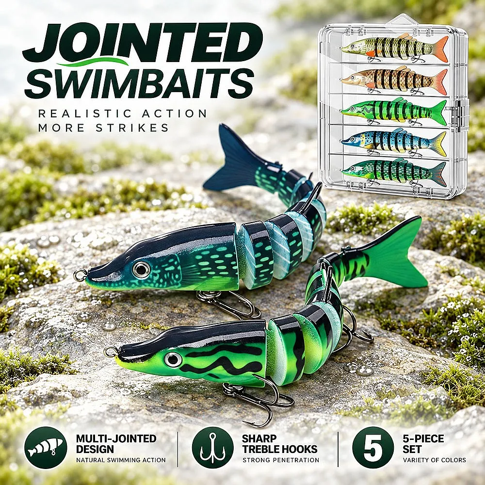 Lifelike Musky Bait 8-Jointed Swimbait Lure 3/5/10 Pack Slow Sinking Wobbler Rattle 3D Eyes for Pike Trout in Freshwater