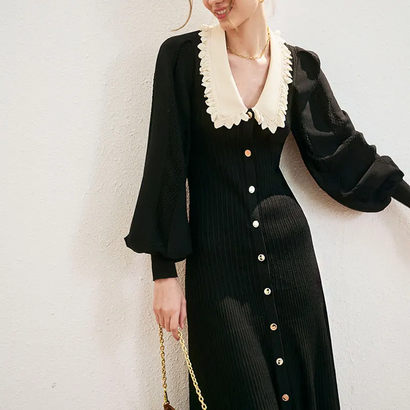 Hollow Long Sleeve Button Slit Knitted Long Dress Fall New French Temperament Elegant Hepburn Small Fragrance Fashion Clothing