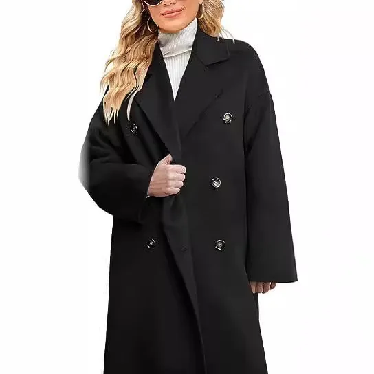 

2024 Autumn and Winter New Women's Solid Color Double-breasted Coat Fashion Joker Lapel Coat Long