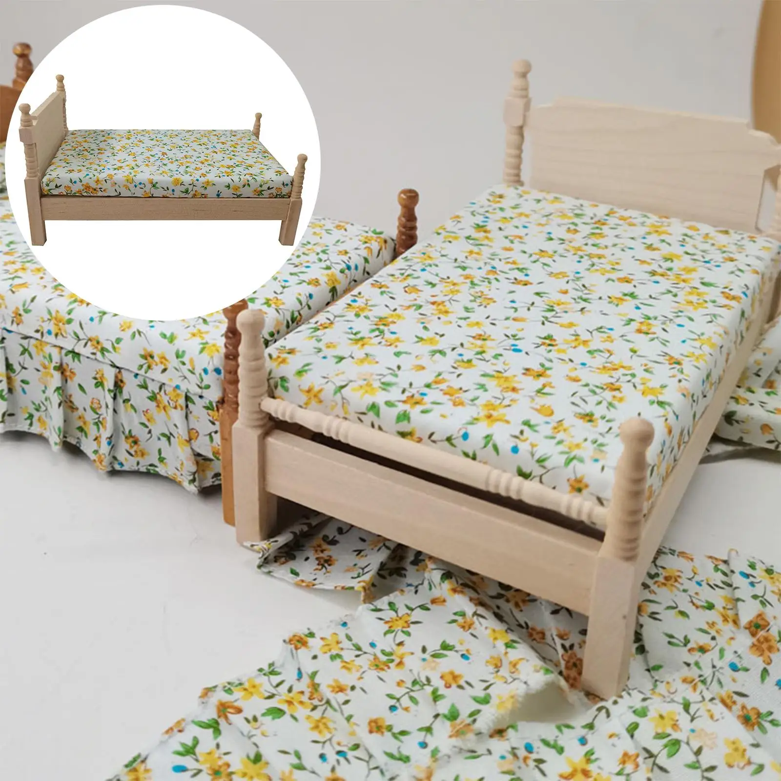 Letto per casa delle bambole, mobili in miniatura per casa delle bambole letto singolo in legno, letto con stampa floreale Vintage 1:12 Doll, delicato letto per casa delle bambole