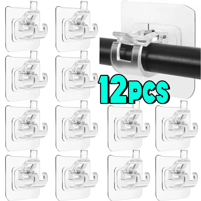 2/12pcs Self Adhesive Curtain Rod Bracket Nail-Free Adjustable Holder Clamp Hooks No Drilling for Home Kitchen Bathroom Use