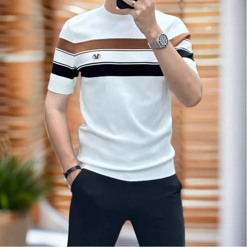 Now High Street Comfortable Casual T-Shirts Business Fashion All-match Round Neck Contrast Color Striped Men Loose Thermal Tops