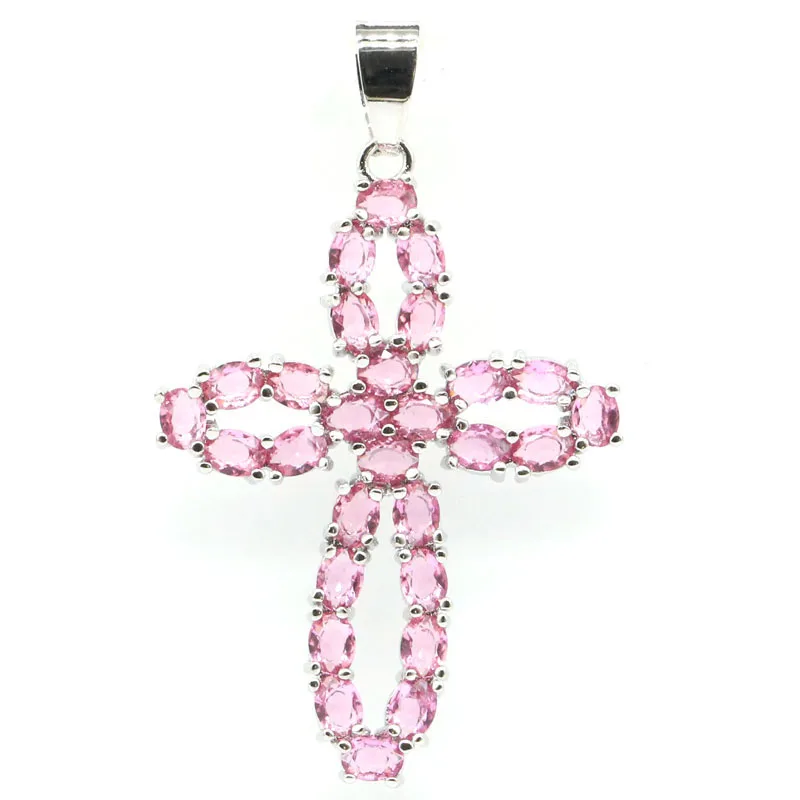 47x30mm Unique Cross Pink Tourmaline White CZ Women Dating Silver Pendant Street Fashion