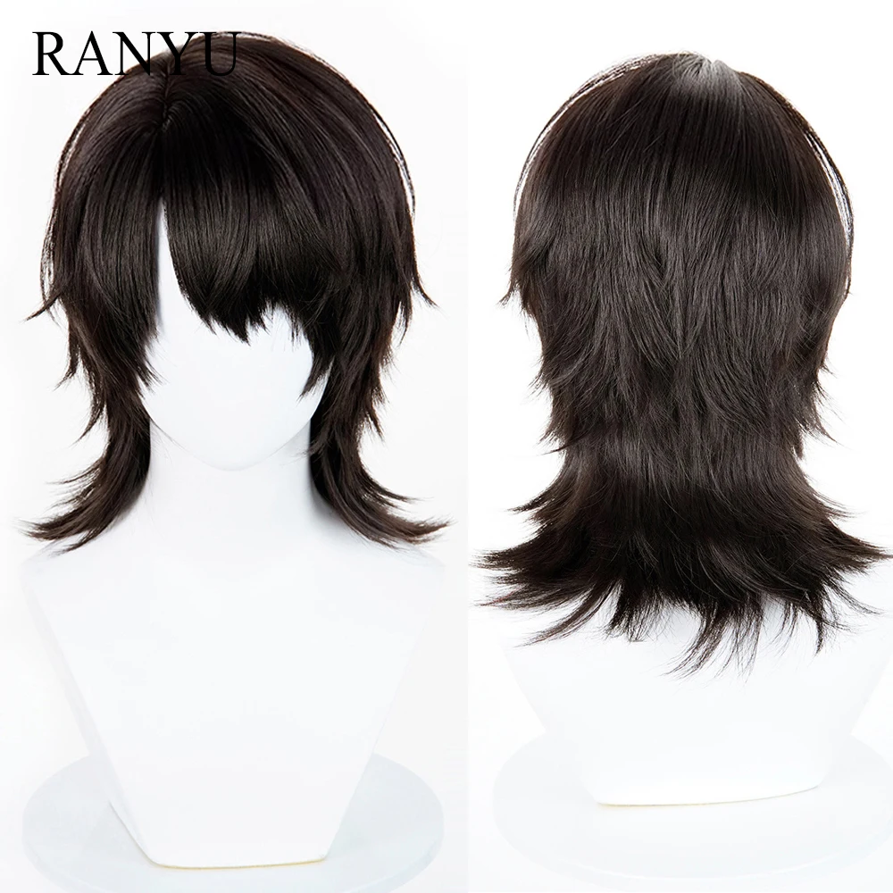 

Brown Black Synthetic Short Straight Mullet Head Wigs with Bangs Anime Game Cosplay Fluffy Heat Resistant Wig for Daily Party
