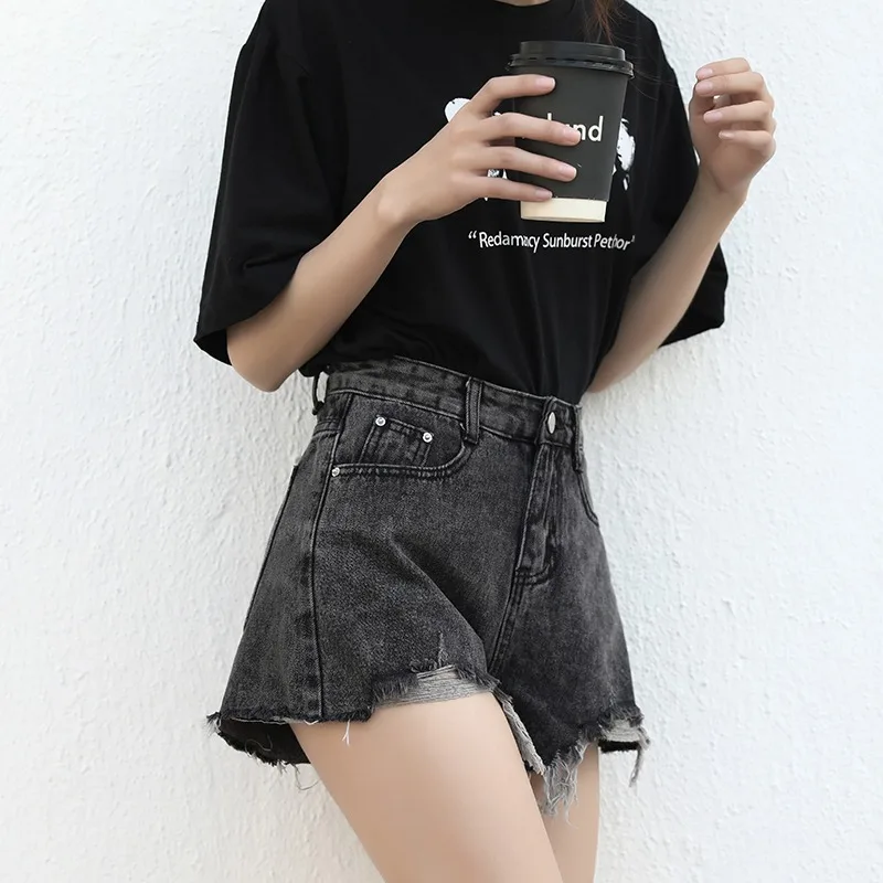 High Waist Denim Shorts Women's Summer New Korean Loose Student Slimming Black Grey Wide Leg A-Line Hot Pants