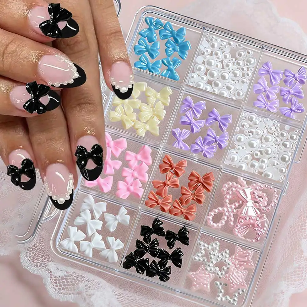 

200pcs+ Cute Pink/White/Black 3D Bow Nail Charms 12grids Pearl Bowtie Heart Star Nail Rhinestones FlatBack Resin Bow Nails Parts