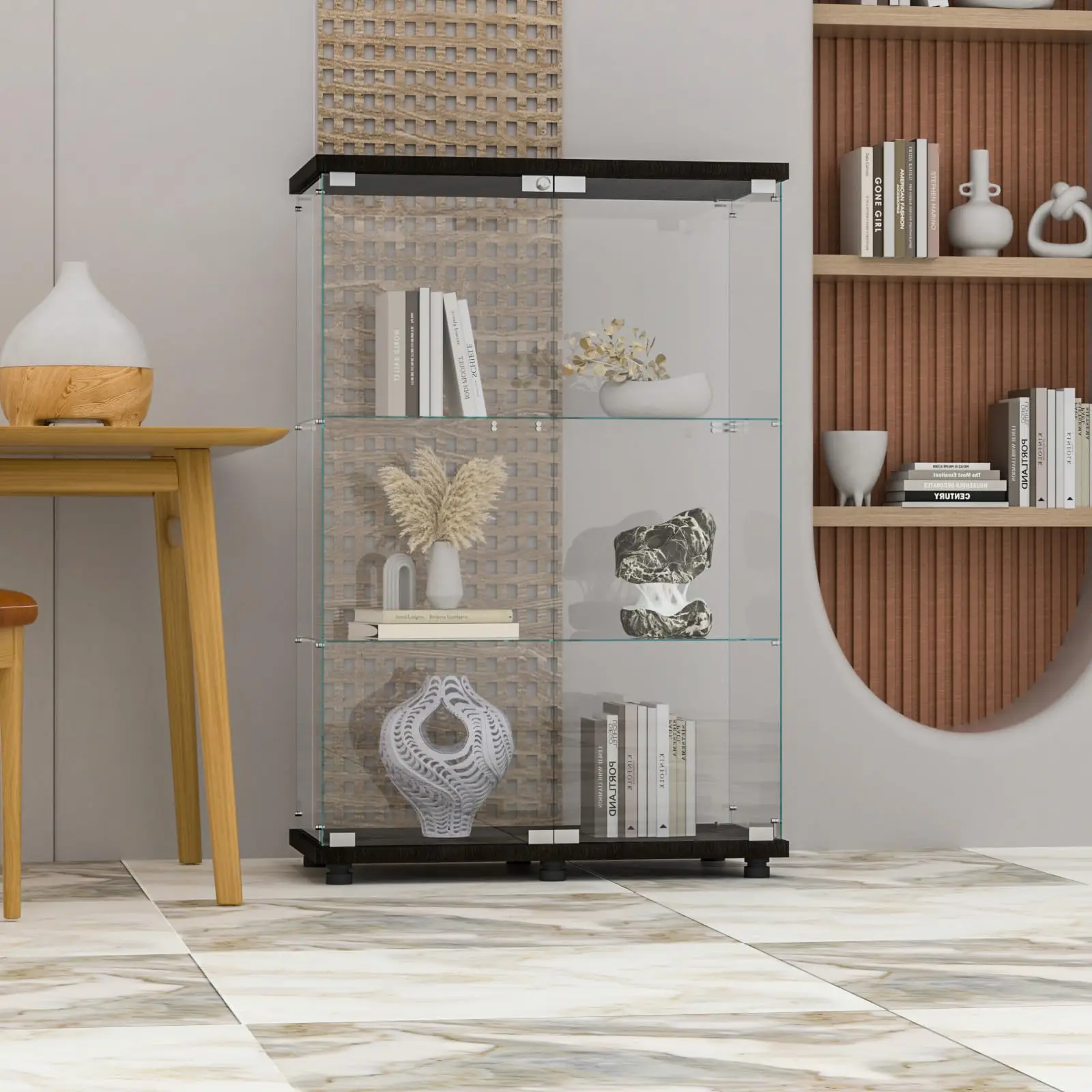 Glass Display Cabinet with Lock, 2-Door 3-Shelf, Black