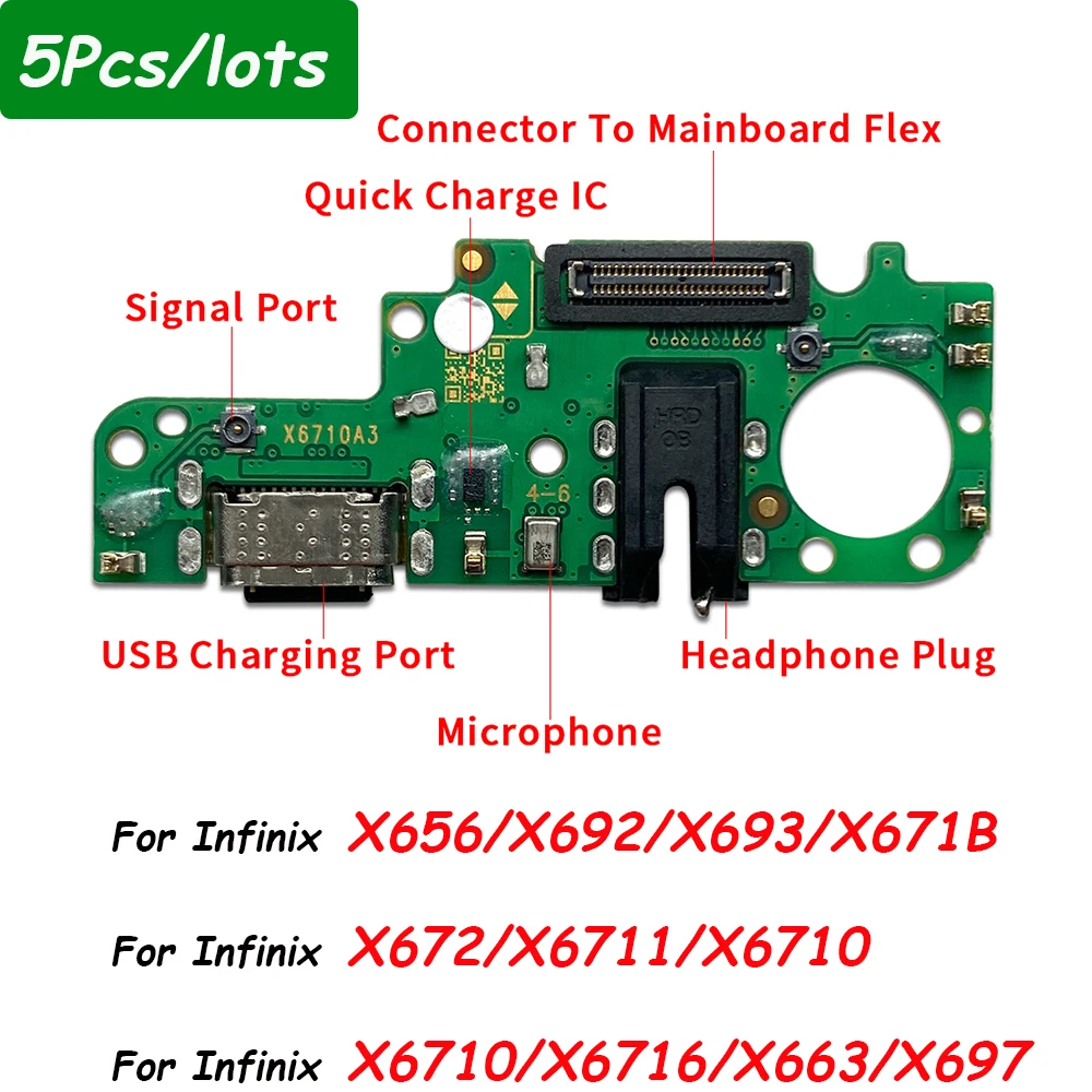5Pcs，Dock Connector Micro USB Charger Charging Port Flex Cable Microphone For Infinix Note 7 8 8i 10 11 11S 12 30 Pro Lite VIP