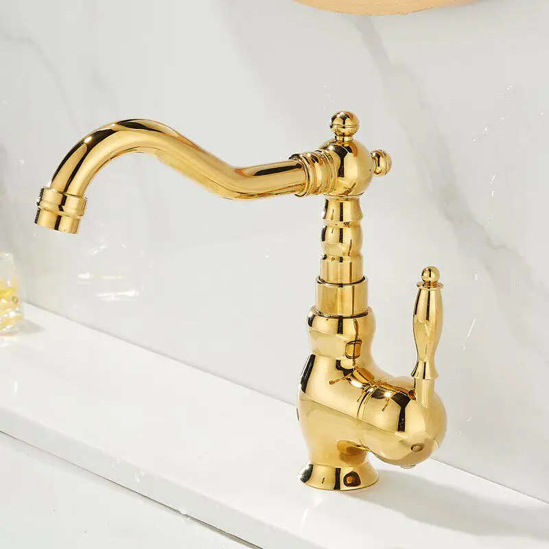 

French vintage faucet, all-copper washbasin faucet, classic bathroom golden ceramic handle for hot and cool