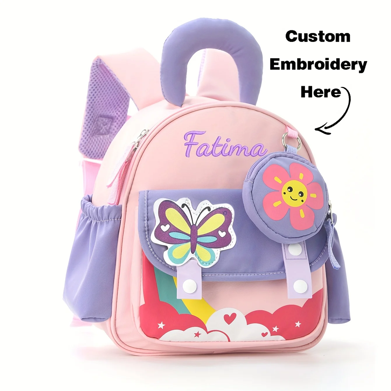 

Custom Name Cartoon Stylish Backpack, Embroidered Rocket And Butterfly Motif Schoolbag Cute Mini Lightweight Bag with Coin Purse