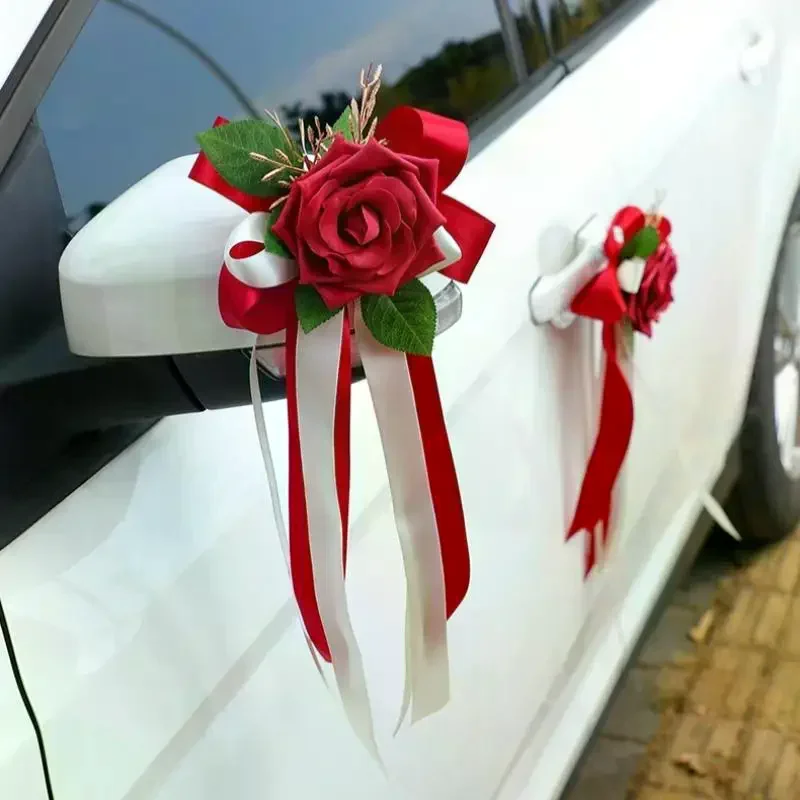 1Pcs Wedding Car Rearview Mirror Decoration Flower Retro Bow Door Handle Decoration Simulation Flower Automotive Supplies