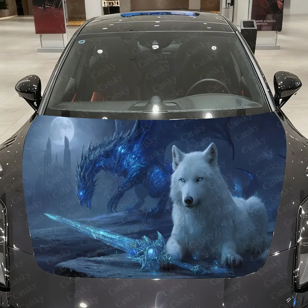 Frost Blade Wolf & Dragon Car Vinyl Wrap, PVC Waterproof Car Hood Sticker, Self-Adhesive Scratch-Resistant Stickers