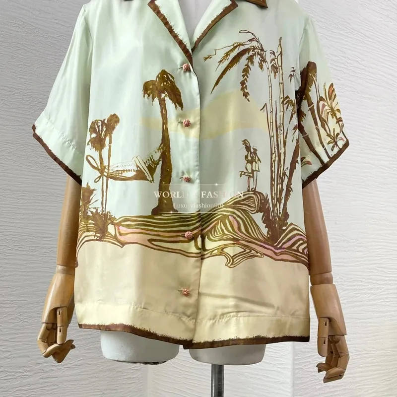 

Pure Silk 2025 Latest New High Quality Mint Green Short Sleeve Coconut Tree Floral Print Women Blouse Tops and Shorts Set