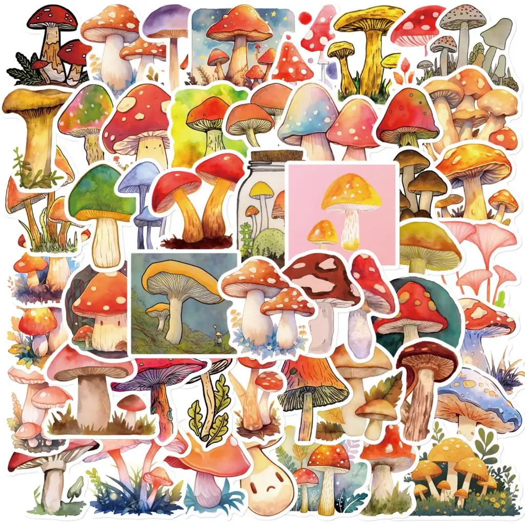 50PCS Cartoon Watercolor Mushroom Graffiti Stickers Cute DIY Skateboard Suitcase Guitar Luggage Laptop Funny Creative Sticker