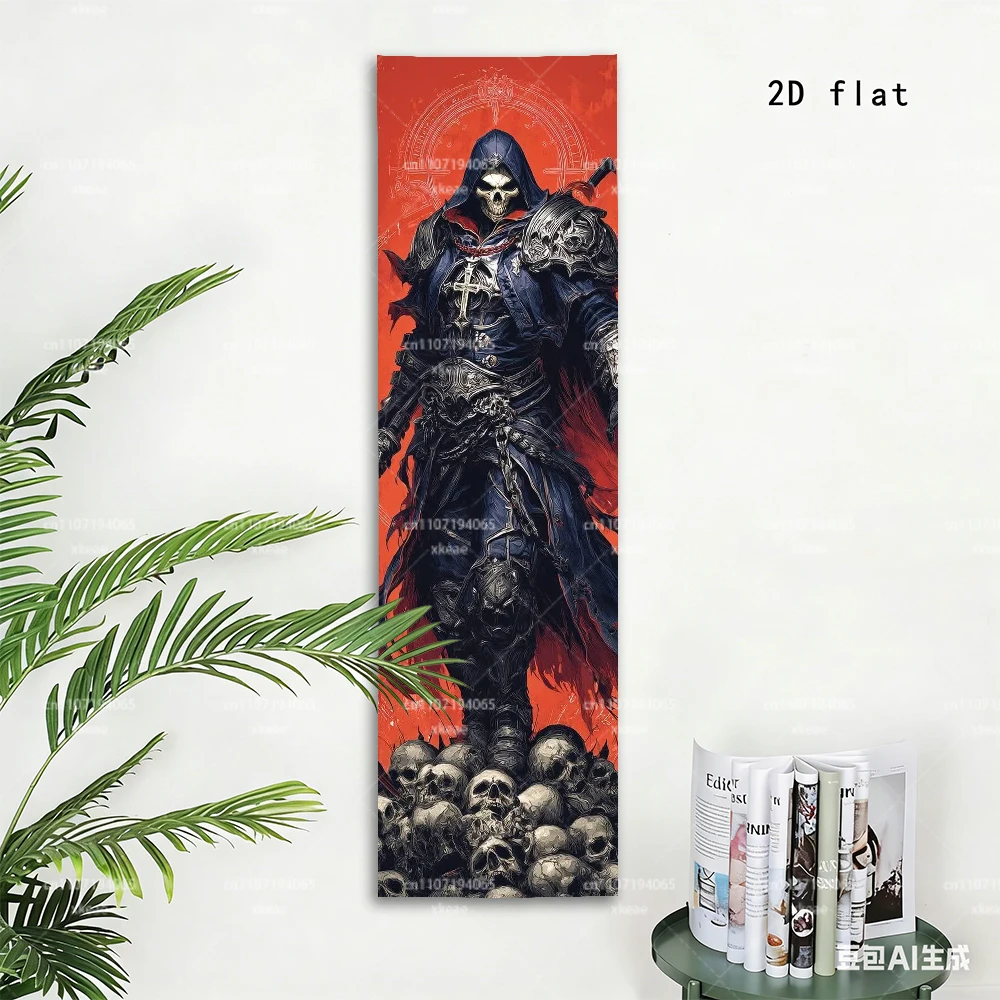 Gothic Skull Knight Long Vertical Large Tapestry, Red Black Aesthetic Large Wall Tapestry, Room Decoration Items for Bedroom Dor