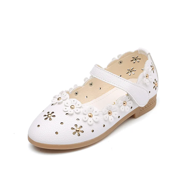 Girls Leather Shoes Princess Children\'s Flats Cut-outs with Flowers Sweet Soft 2024 Spring Summer Kids Dress Shoes for Wedding